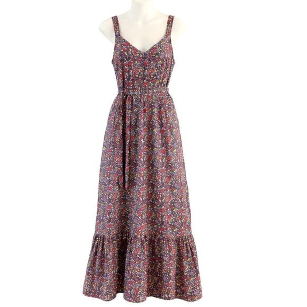 J. Crew Factory Cottagecore Linen Blend Floral Tiered Maxi Dress Size 0 Navy